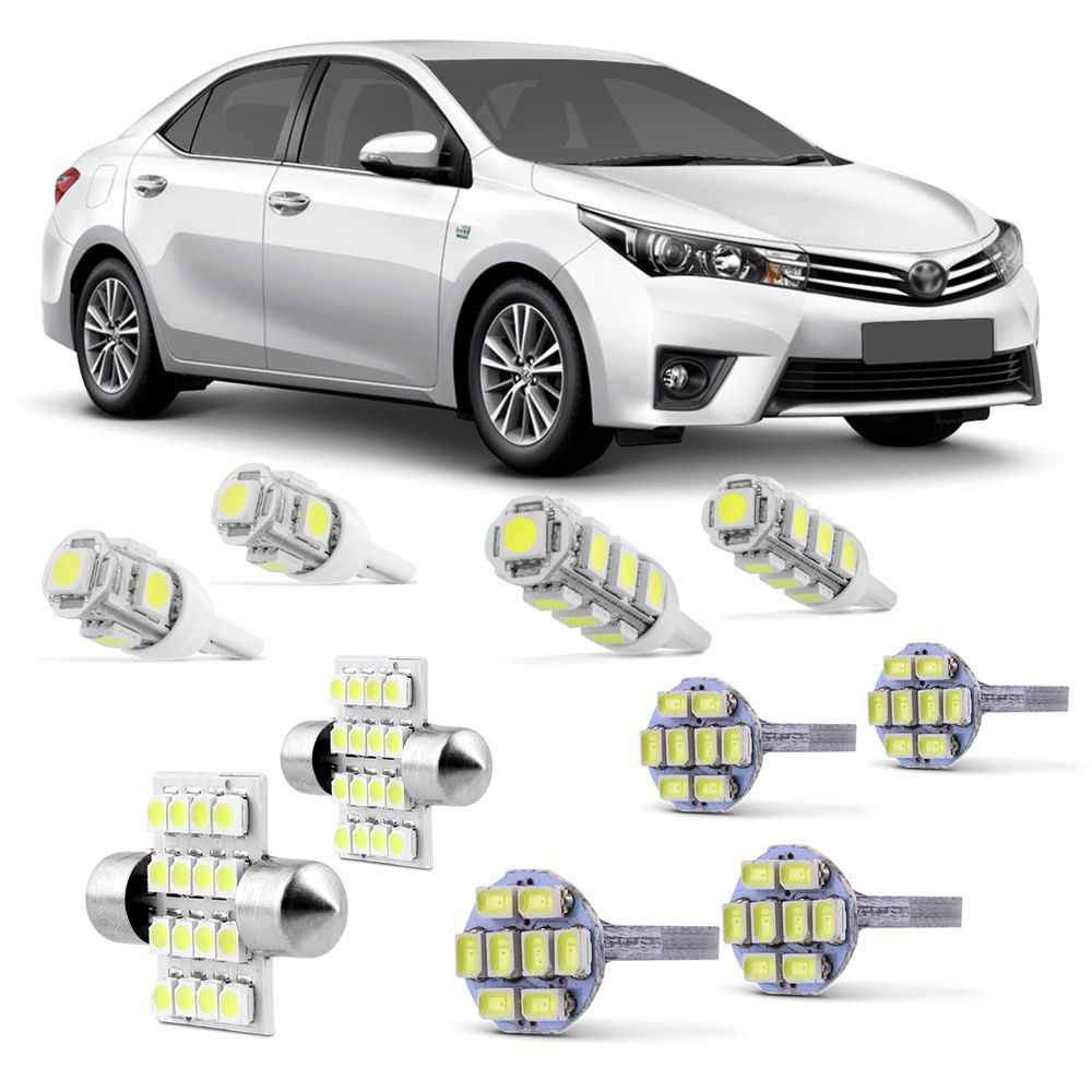 Kit Lâmpadas LED Pingo e Torpedo Toyota Corolla 2009 a 2016 Farolete Placa Teto e Ré Menor preço em Kit Lâmpadas LED Pingo e Torpedo Toyota Corolla 2009 a 2016 Farolete Placa Teto e Ré