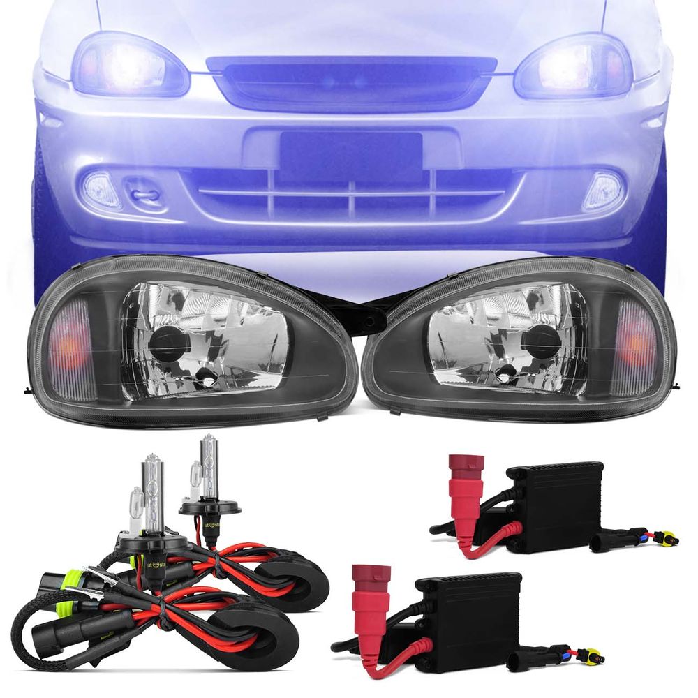 Par Farol Corsa Hatch Sedan Wagon Wind 94 a 02 Pick Up 94 a 03 Classic 03 a 10 + Kit Xênon H4 8000K Menor preço em Par Farol Corsa Hatch Sedan Wagon Wind 94 a 02 Pick Up 94 a 03 Classic 03 a 10 + Kit Xênon H4 8000K