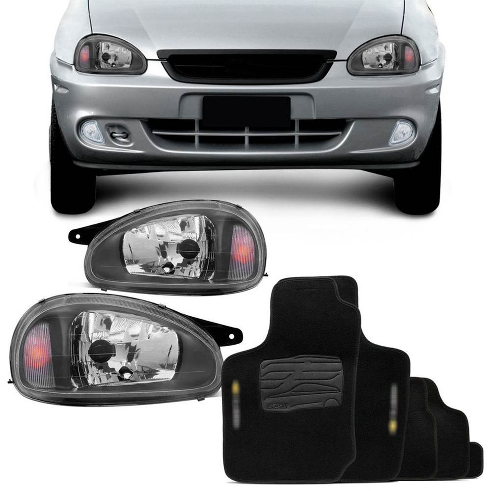Par Farol Corsa Classic Máscara Negra 2003 a 2010 + Jogo Tapete Preto Personalizado Menor preço em Par Farol Corsa Classic Máscara Negra 2003 a 2010 + Jogo Tapete Preto Personalizado