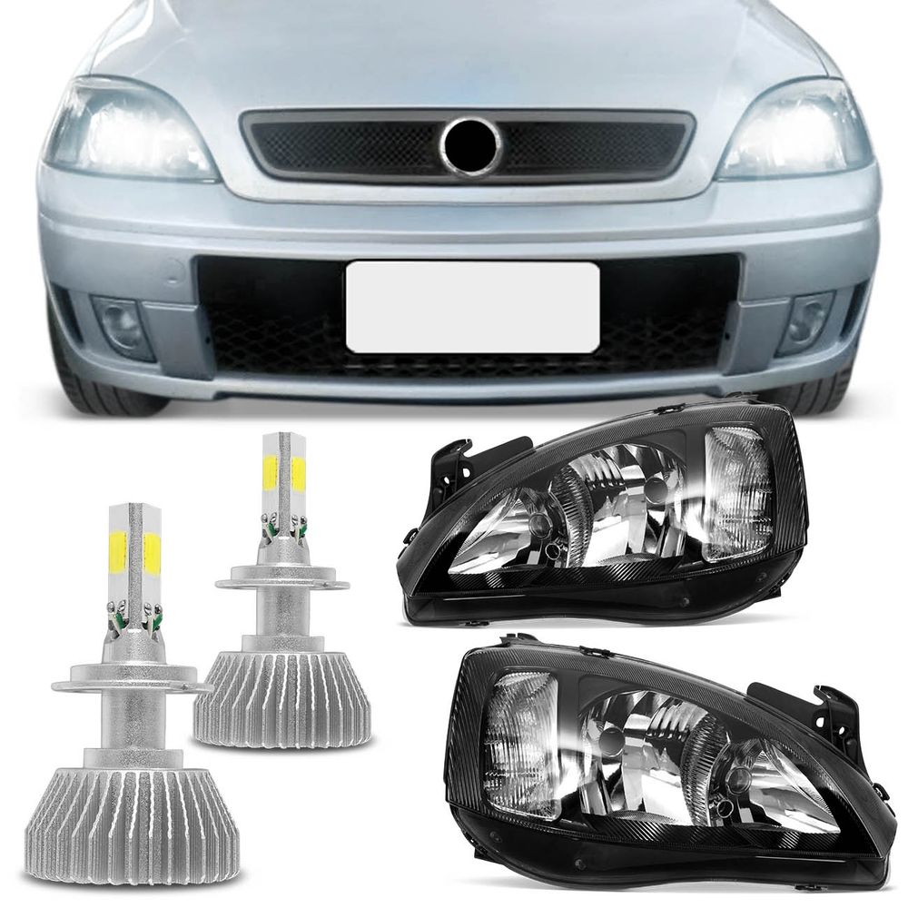 Farol Máscara Negra Corsa Hatch Sedan Montana 03 a 12 + Kit Lâmpada Super Led 3D 6000K Menor preço em Farol Máscara Negra Corsa Hatch Sedan Montana 03 a 12 + Kit Lâmpada Super Led 3D 6000K