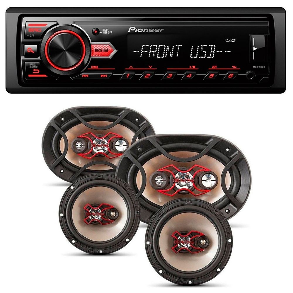 Rádio Automotivo Pioneer MVH-98UB MP3 Player 1 Din Media Receiver Android + Falantes Bravox 240W Menor preço em Rádio Automotivo Pioneer MVH-98UB MP3 Player 1 Din Media Receiver Android + Falantes Bravox 240W
