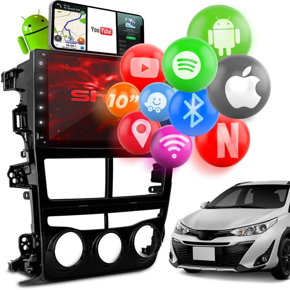 Central Multimídia Toyota Yaris 2018 a 2019 Android 10 Polegadas Espelha Android IOS BT GPS USB Came Menor preço em Central Multimídia Toyota Yaris 2018 a 2019 Android 10 Polegadas Espelha Android IOS BT GPS USB Came