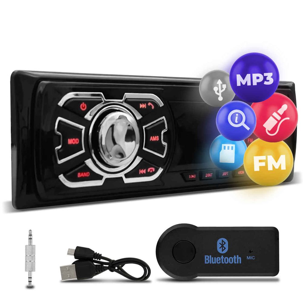 Rádio Automotivo Som MP3 Player 1 Din USB SD FM Auxiliar Svart T100 com Receptor Bluetooth Adaptador Menor preço em Rádio Automotivo Som MP3 Player 1 Din USB SD FM Auxiliar Svart T100 com Receptor Bluetooth Adaptador