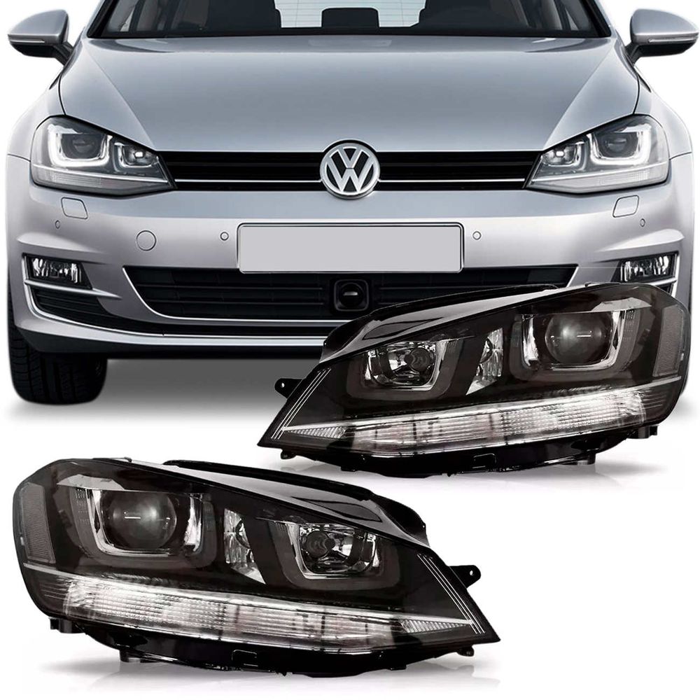 Par Farol Golf TSI 2014 2015 2016 Máscara Negra Foco Duplo com LED Friso Cromado Menor preço em Par Farol Golf TSI 2014 2015 2016 Máscara Negra Foco Duplo com LED Friso Cromado