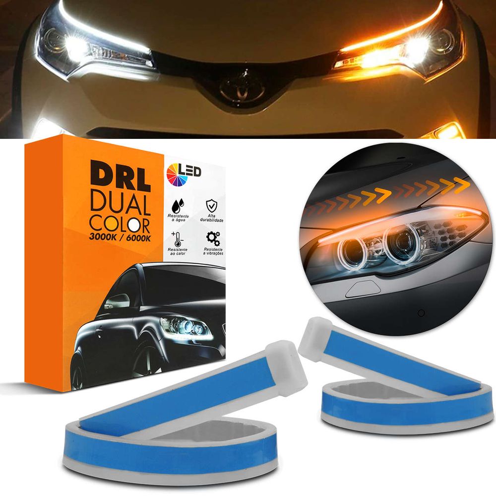 Fita de LED DRL Dual Color Universal 3000K 6000K 12V 6,8W 45cm Farol com Função Seta Sequencial Menor preço em Fita de LED DRL Dual Color Universal 3000K 6000K 12V 6,8W 45cm Farol com Função Seta Sequencial