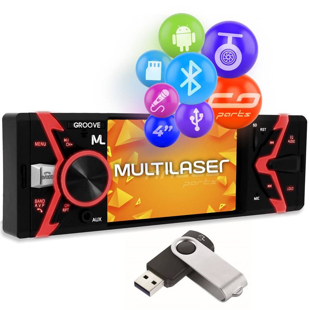 Rádio Automotivo Multilaser Groove P3341 Som Bluetooth MP5 Player 1 Din App Android + Pen Drive 4GB Menor preço em Rádio Automotivo Multilaser Groove P3341 Som Bluetooth MP5 Player 1 Din App Android + Pen Drive 4GB