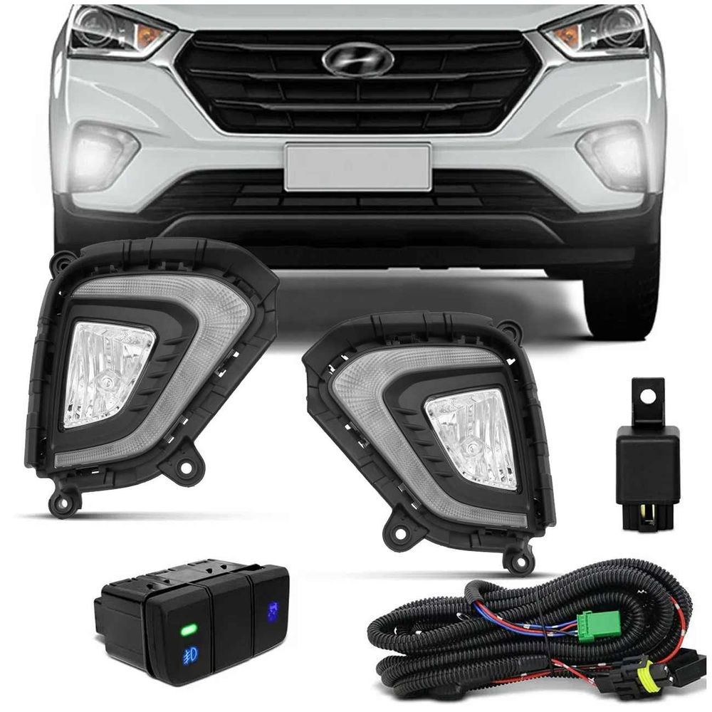 Kit Farol de Milha Creta 2020 2021 LED Pisca DRL Moldura Preta Botão Modelo Original Menor preço em Kit Farol de Milha Creta 2020 2021 LED Pisca DRL Moldura Preta Botão Modelo Original