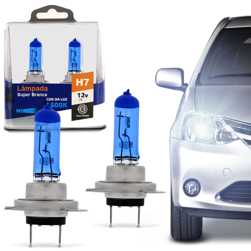 Par de Lâmpadas Super Branca H7 8500K 55W 12V Efeito Xênon Aplicação Farol Alto Baixo e Milha Menor preço em Par de Lâmpadas Super Branca H7 8500K 55W 12V Efeito Xênon Aplicação Farol Alto Baixo e Milha