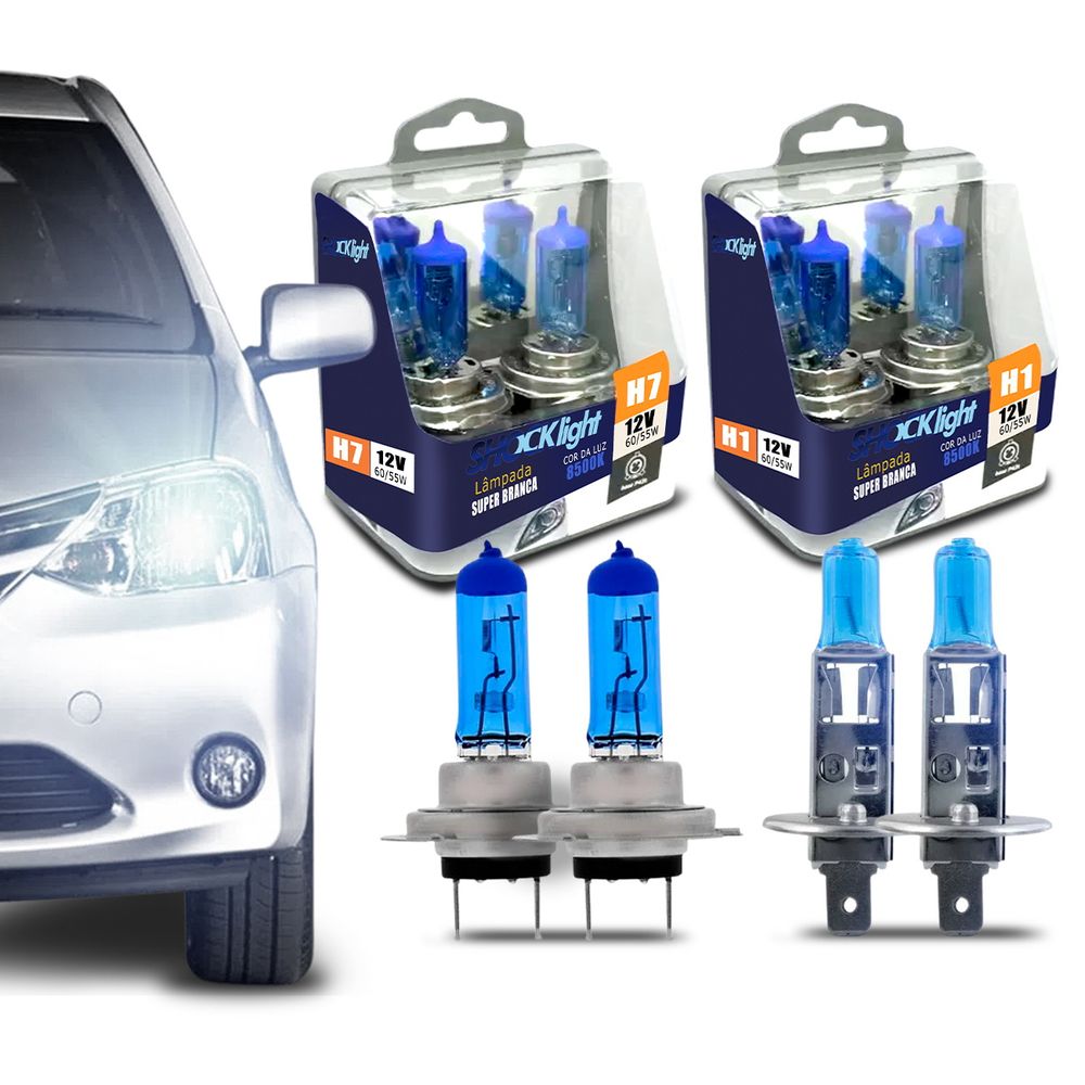 Kit 4 Lâmpadas Farol Alto e Baixo Super Branca H1 H7 8500K 55W 12V Efeito Xênon Farol Menor preço em Kit 4 Lâmpadas Farol Alto e Baixo Super Branca H1 H7 8500K 55W 12V Efeito Xênon Farol