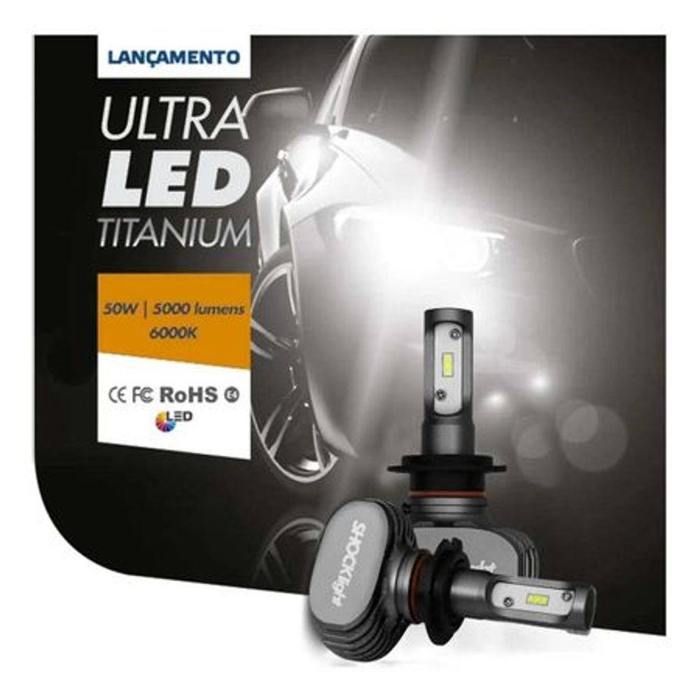 Par Lâmpadas Ultra LED 6000K 10000LM Shocklight Titanium com Reator Efeito Xênon Farol Carro Menor preço em Par Lâmpadas Ultra LED 6000K 10000LM Shocklight Titanium com Reator Efeito Xênon Farol Carro