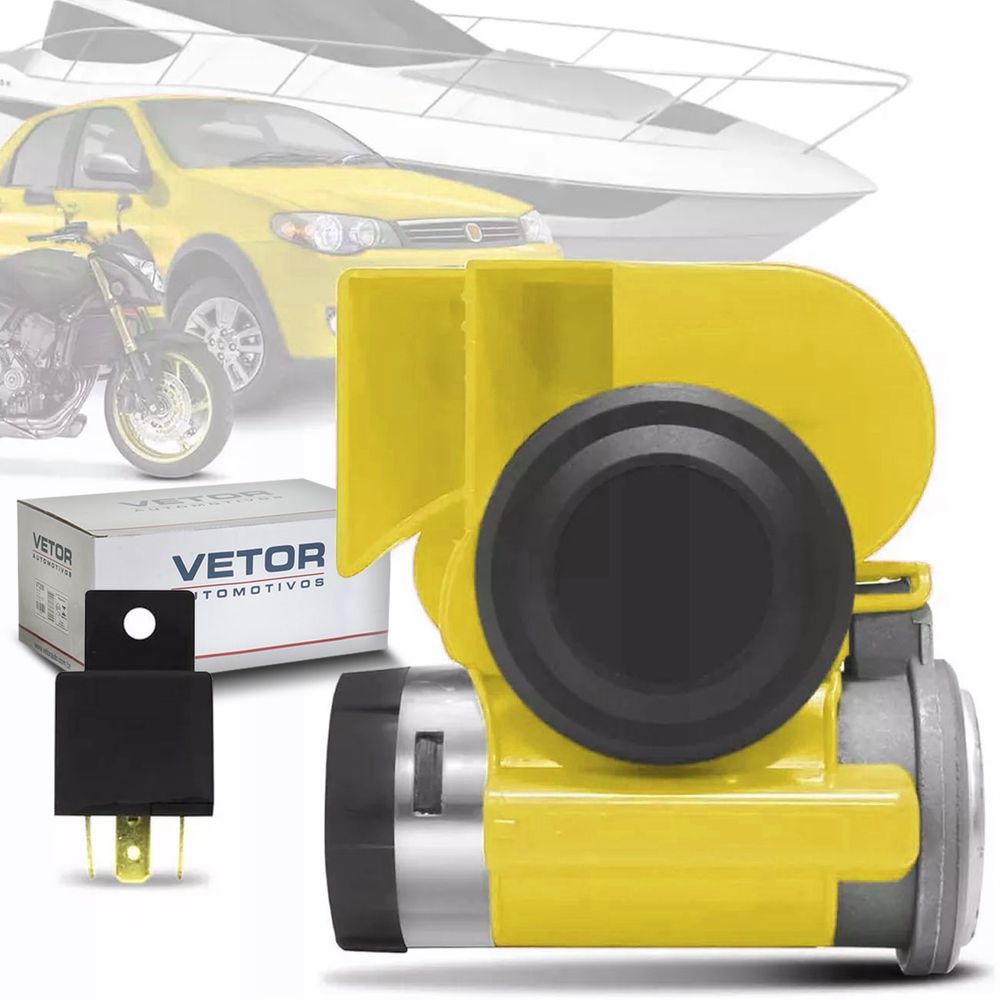 Buzina a Ar Marítima Universal Veículos 12V com Compressor 2 Corneta Amarela Vetor VT045 Menor preço em Buzina a Ar Marítima Universal Veículos 12V com Compressor 2 Corneta Amarela Vetor VT045