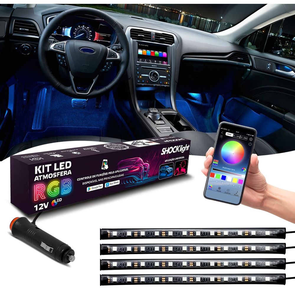 Kit 4 Tira Led Interior Do Carro Shocklight Rgb Atmosfera 12 LEDs Controle Celular Menor preço em Kit 4 Tira Led Interior Do Carro Shocklight Rgb Atmosfera 12 LEDs Controle Celular