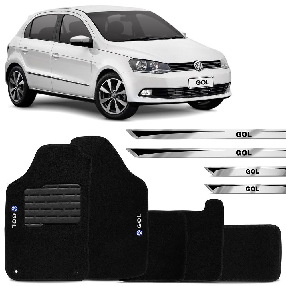 Jogo Tapetes Carpete Gol G6 2013 a 2016 Preto Grafia + Adesivos Soleiras Escovado Menor preço em Jogo Tapetes Carpete Gol G6 2013 a 2016 Preto Grafia + Adesivos Soleiras Escovado