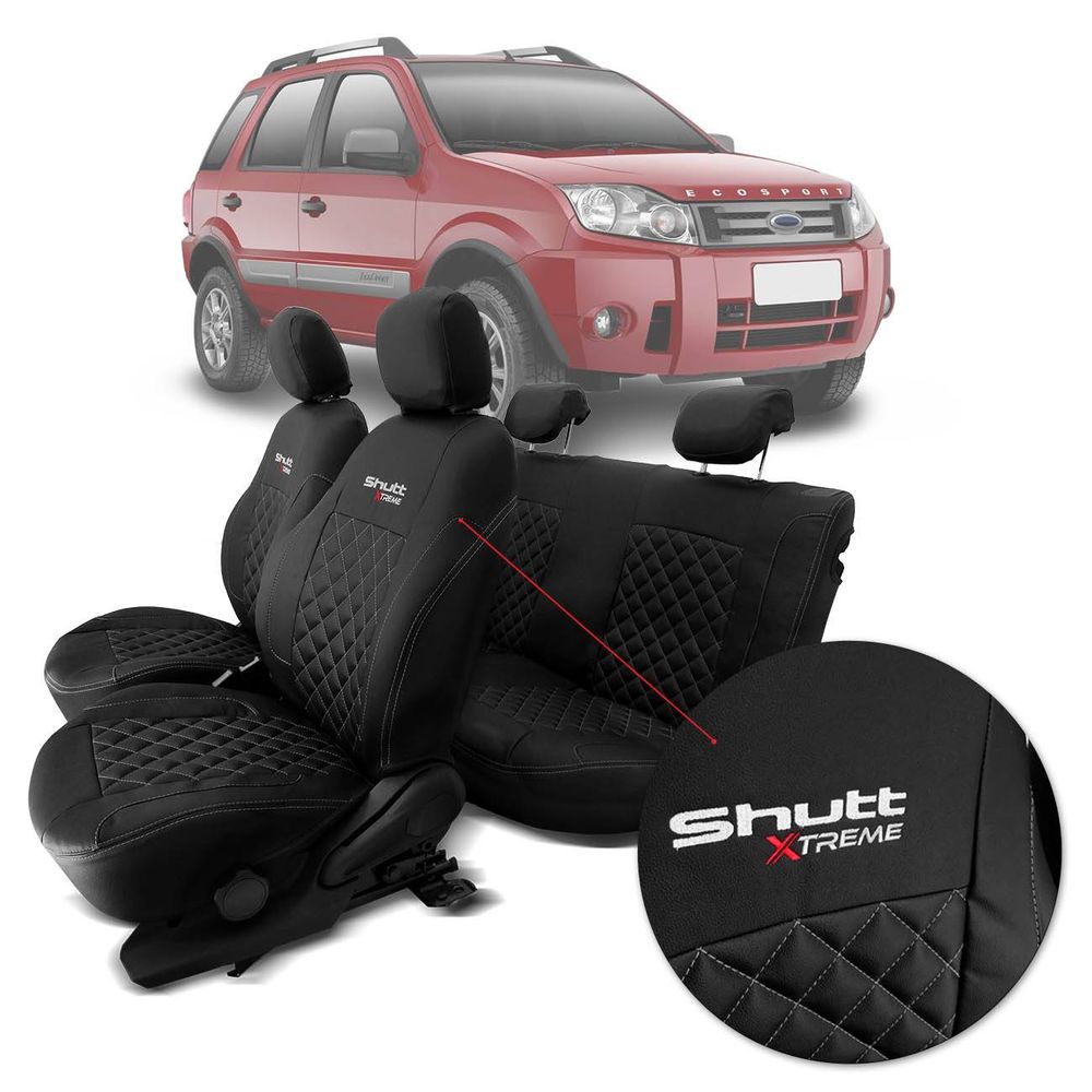 Capa de Banco Ford Ecosport 2004 a 2012 Couro Ecológico Esportiva Preta Costura Prata Shutt Xtreme Menor preço em Capa de Banco Ford Ecosport 2004 a 2012 Couro Ecológico Esportiva Preta Costura Prata Shutt Xtreme