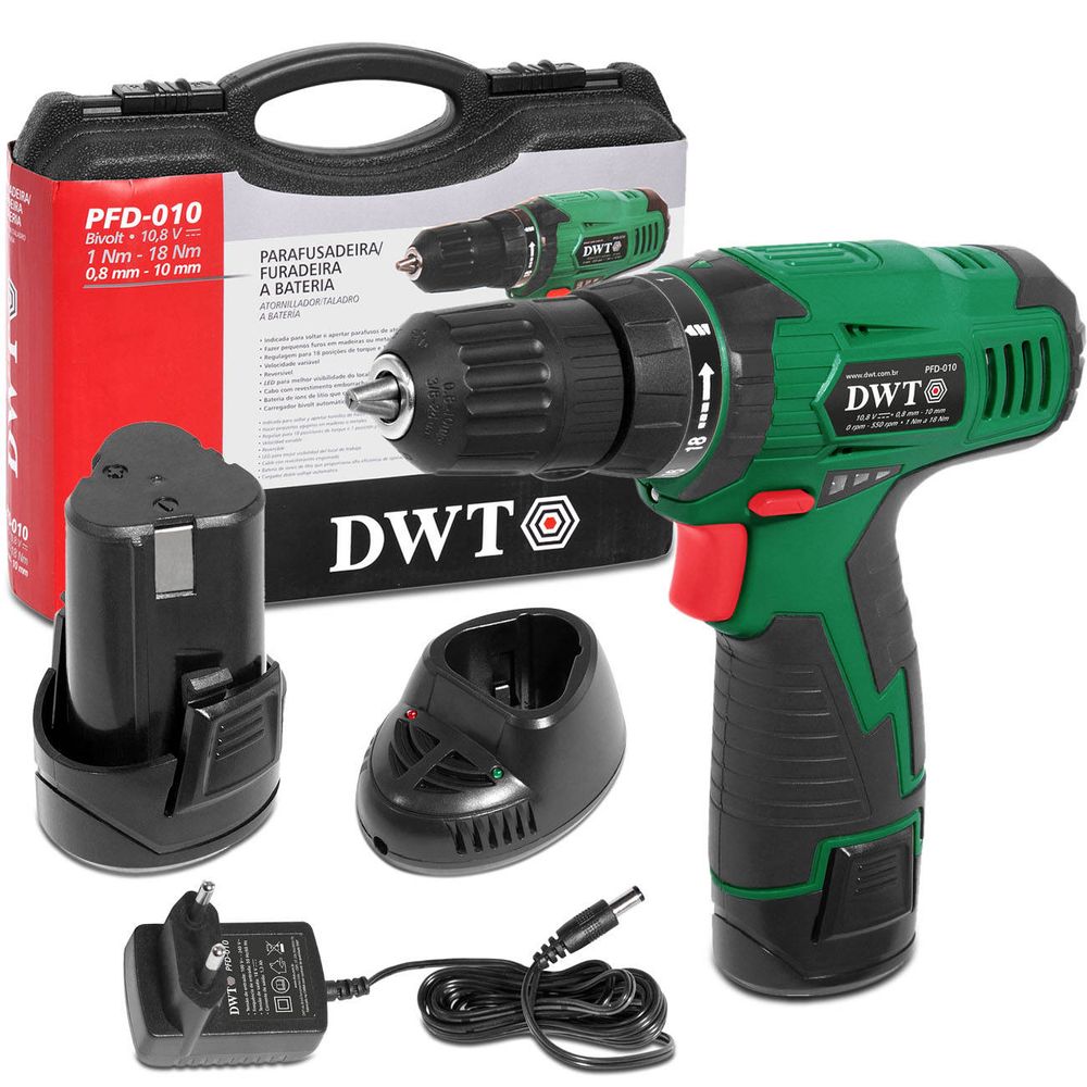 Furadeira Parafusadeira DWT PFD-010 com LED Bivolt 13 Peças com 2 Baterias 10,8V e Maleta Menor preço em Furadeira Parafusadeira DWT PFD-010 com LED Bivolt 13 Peças com 2 Baterias 10,8V e Maleta