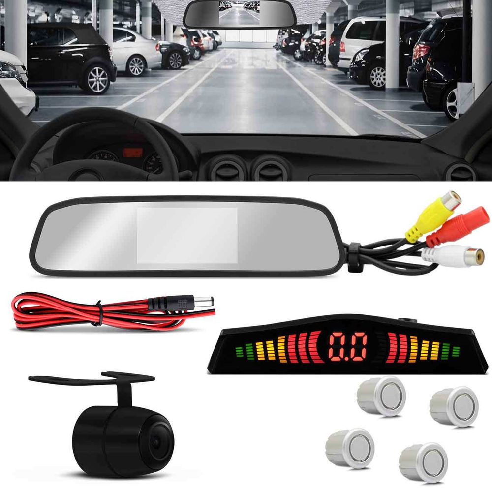 Kit Retrovisor Interno Tela LCD 4.3 Polegadas 12V com Câmera Ré e Sensor Estacionamento 4 Pontos LED Menor preço em Kit Retrovisor Interno Tela LCD 4.3 Polegadas 12V com Câmera Ré e Sensor Estacionamento 4 Pontos LED