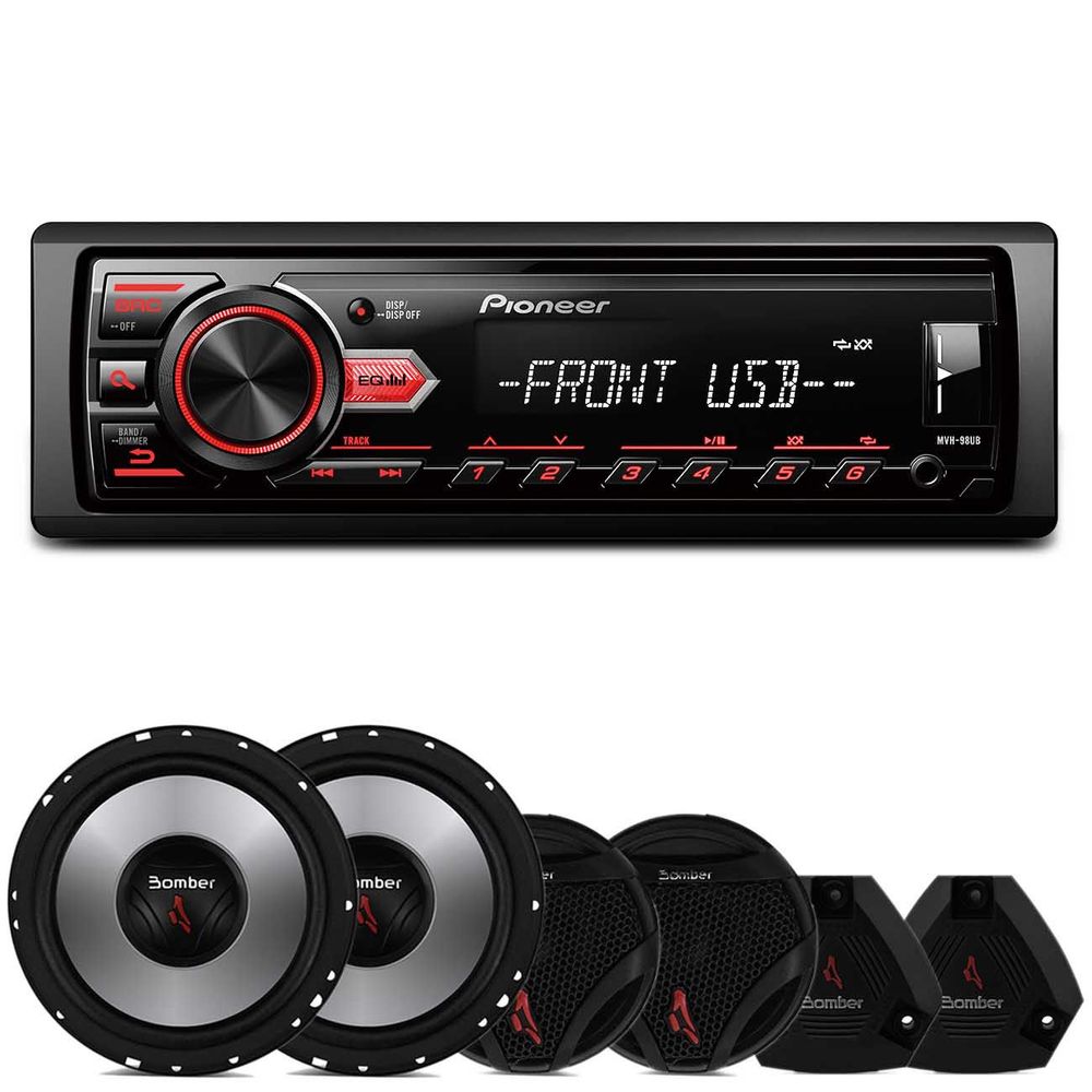 Rádio Automotivo Pioneer MVH-98UB MP3 Player 1 Din Receiver Android + Falante Bicho Papão + Tweeters Menor preço em Rádio Automotivo Pioneer MVH-98UB MP3 Player 1 Din Receiver Android + Falante Bicho Papão + Tweeters
