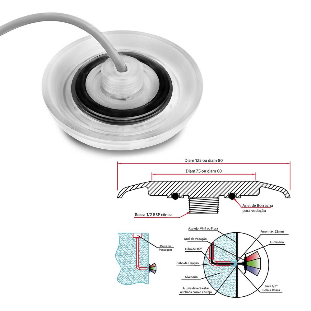 luminaria led piscina 18 leds 18w 1980lm 12v 80mm luz azul prova dagua uso submerso