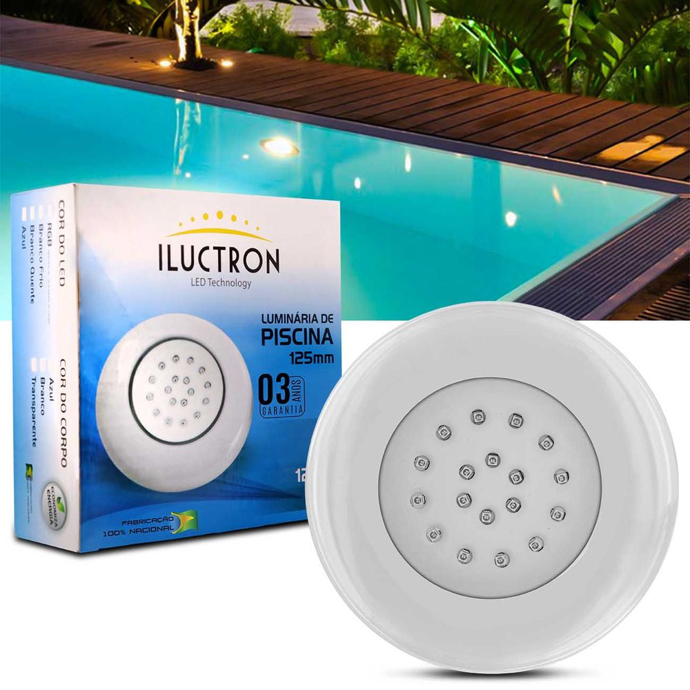 refletor luminaria led piscina rgb 18 leds 18w 1980lm 12v 125mm multicolor prova dagua branco