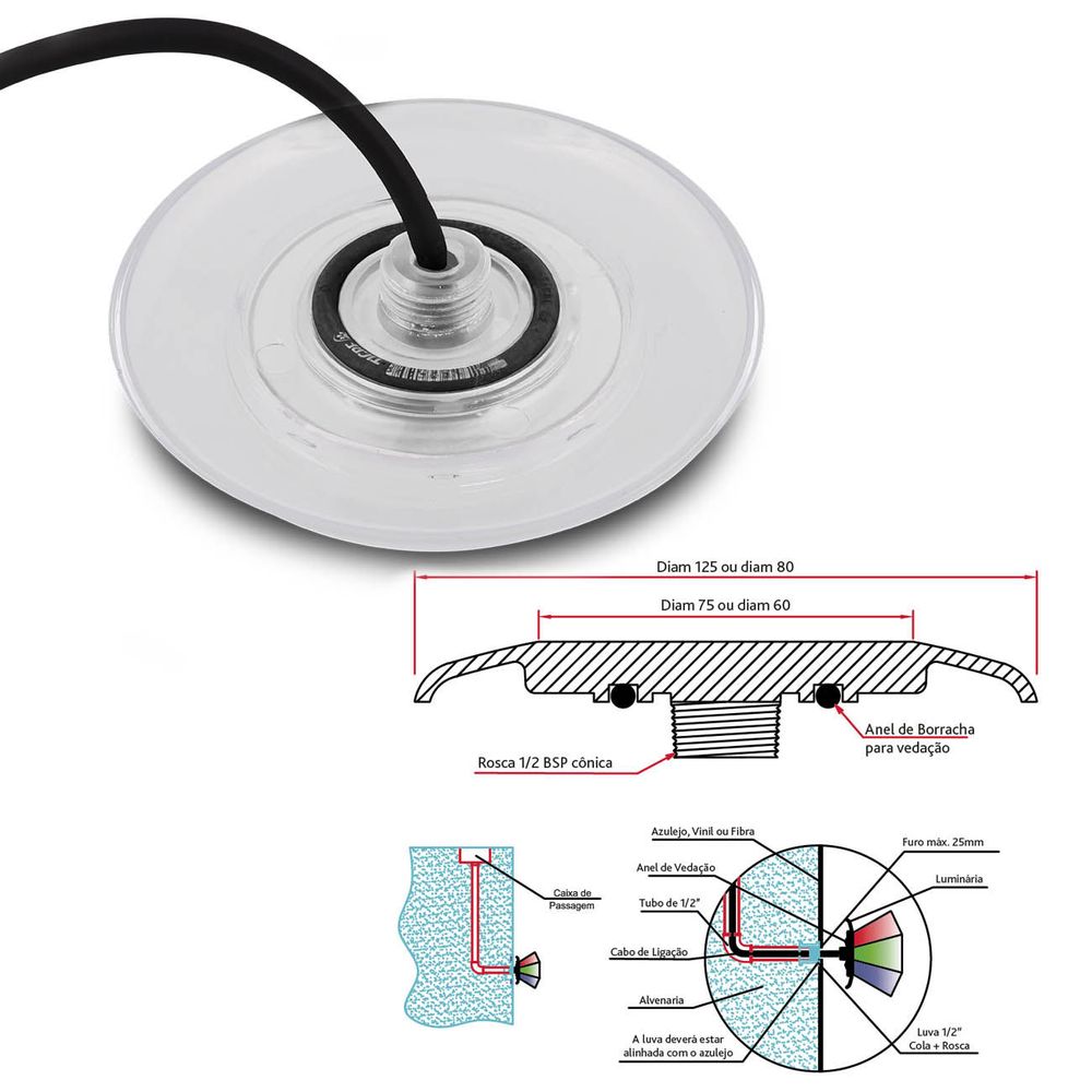 luminaria led piscina 9 leds 3000k 9w 900lm 12v 125mm branco quente prova dagua uso submerso