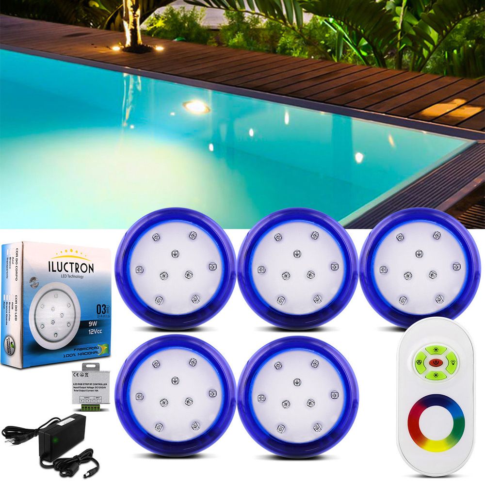 kit 5 luminarias led piscina rgb 80mm 45w 4950 lumens controle wireless efeitos luz e fonte 60w