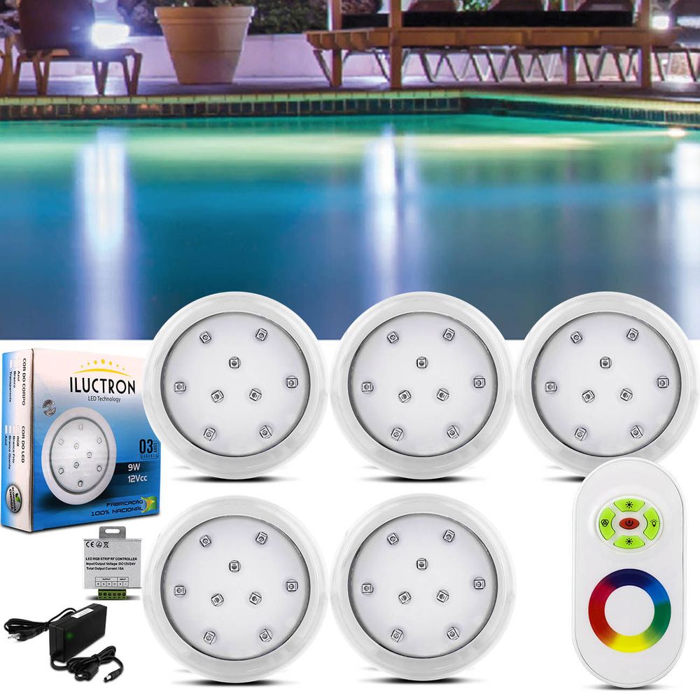 kit 5 luminarias led piscina rgb 80mm 45w 4950 lumens 12v branco controle wireless e fonte 60w 5a