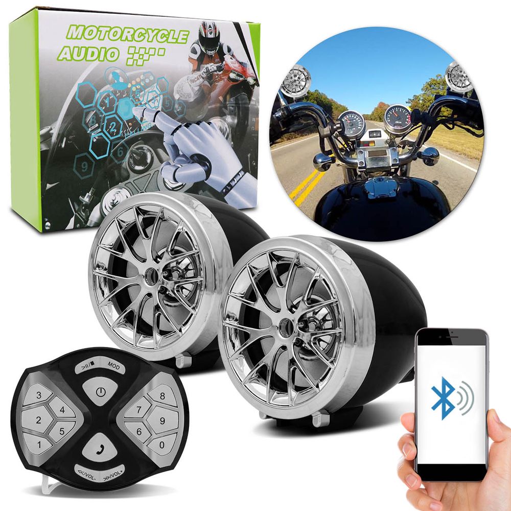 Caixa de Som Bluetooth para Moto MicroSD USB MP3 Rádio FM Viva Voz Preto e Aro Cromado com Controle Menor preço em Caixa de Som Bluetooth para Moto MicroSD USB MP3 Rádio FM Viva Voz Preto e Aro Cromado com Controle