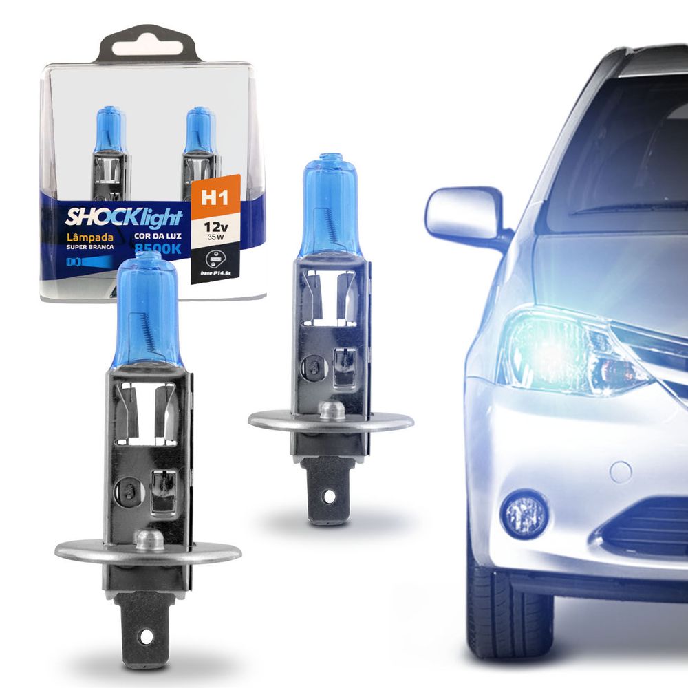 Par de Lâmpadas Super Branca H1 8500K 55W 12V Aplicação Farol Alto Baixo e Milha Menor preço em Par de Lâmpadas Super Branca H1 8500K 55W 12V Aplicação Farol Alto Baixo e Milha