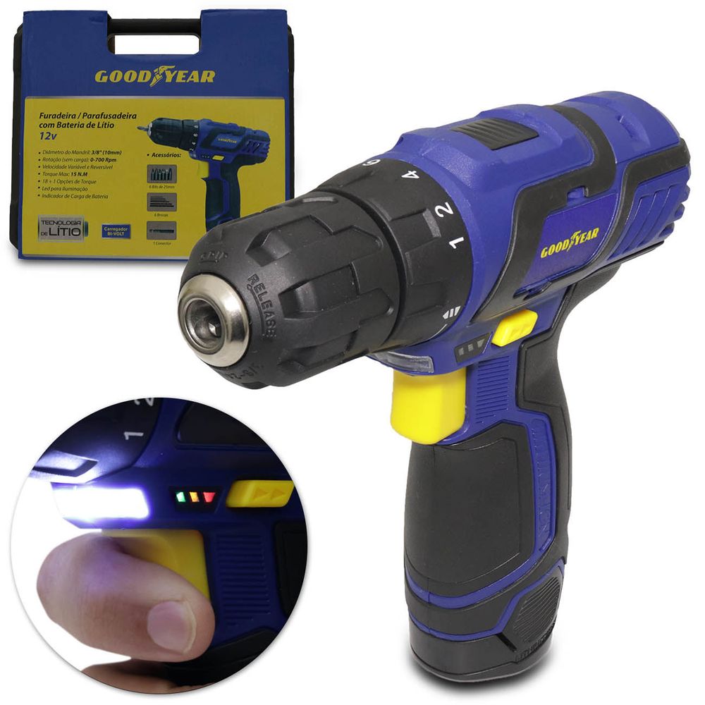 Furadeira Parafusadeira Mandril Goodyear 3/8" 700 RPM Bivolt Sem Fio + Maleta 13 Peças GYDC191003 Menor preço em Furadeira Parafusadeira Mandril Goodyear 3/8" 700 RPM Bivolt Sem Fio + Maleta 13 Peças GYDC191003