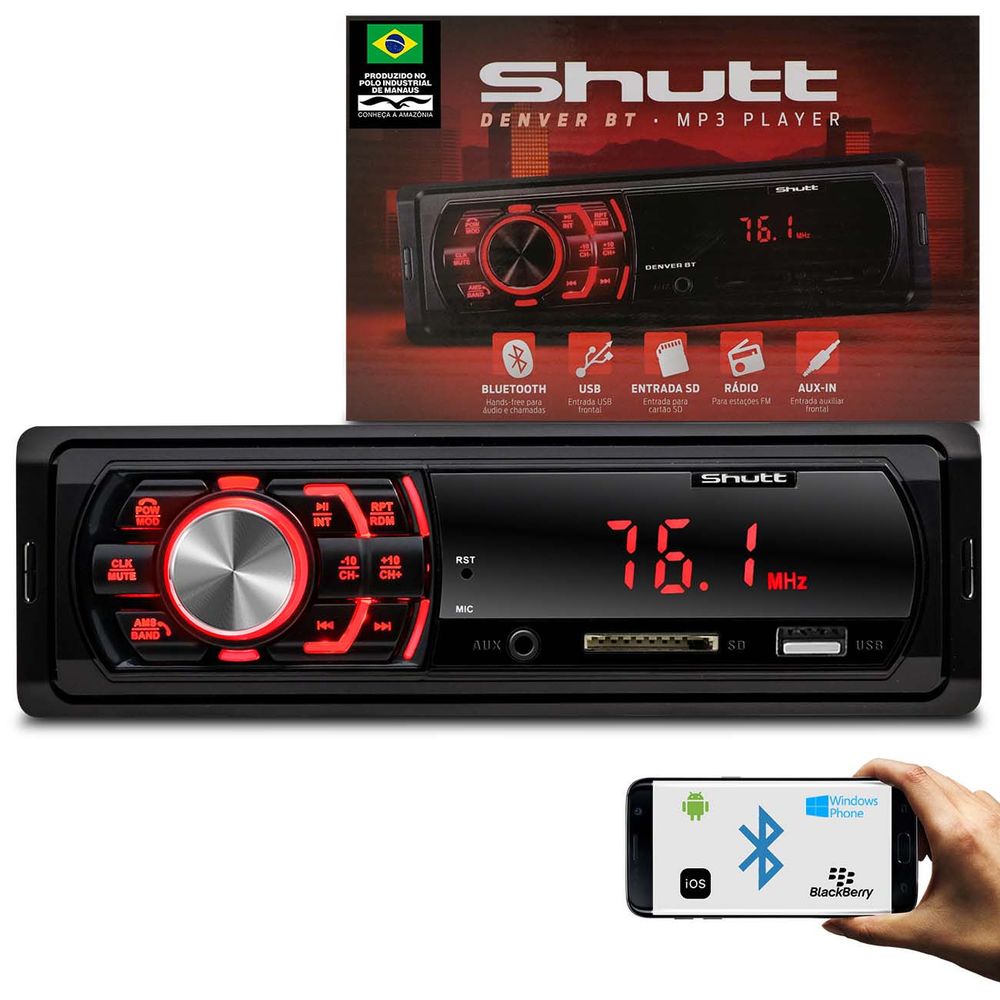 MP3 Player Automotivo Shutt Denver BT 1 Din Bluetooth USB SD Auxiliar P2 Rádio FM RCA LED Vermelho Menor preço em MP3 Player Automotivo Shutt Denver BT 1 Din Bluetooth USB SD Auxiliar P2 Rádio FM RCA LED Vermelho