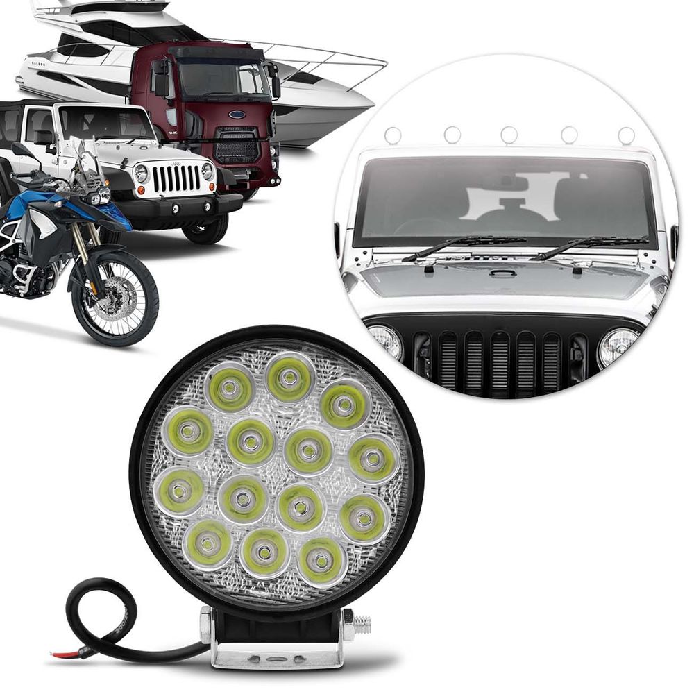 Farol de Milha Redondo Universal 14 Leds 42w 12/24V Carro Troller Jeep Off-road Caminhão Auxiliar Menor preço em Farol de Milha Redondo Universal 14 Leds 42w 12/24V Carro Troller Jeep Off-road Caminhão Auxiliar