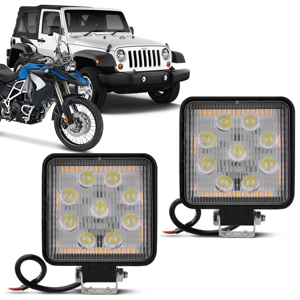 Par Farol Milha Quadrado Universal 9 Leds 27W 12V Carro Moto Jeep Off-Road Auxiliar Neblina Menor preço em Par Farol Milha Quadrado Universal 9 Leds 27W 12V Carro Moto Jeep Off-Road Auxiliar Neblina