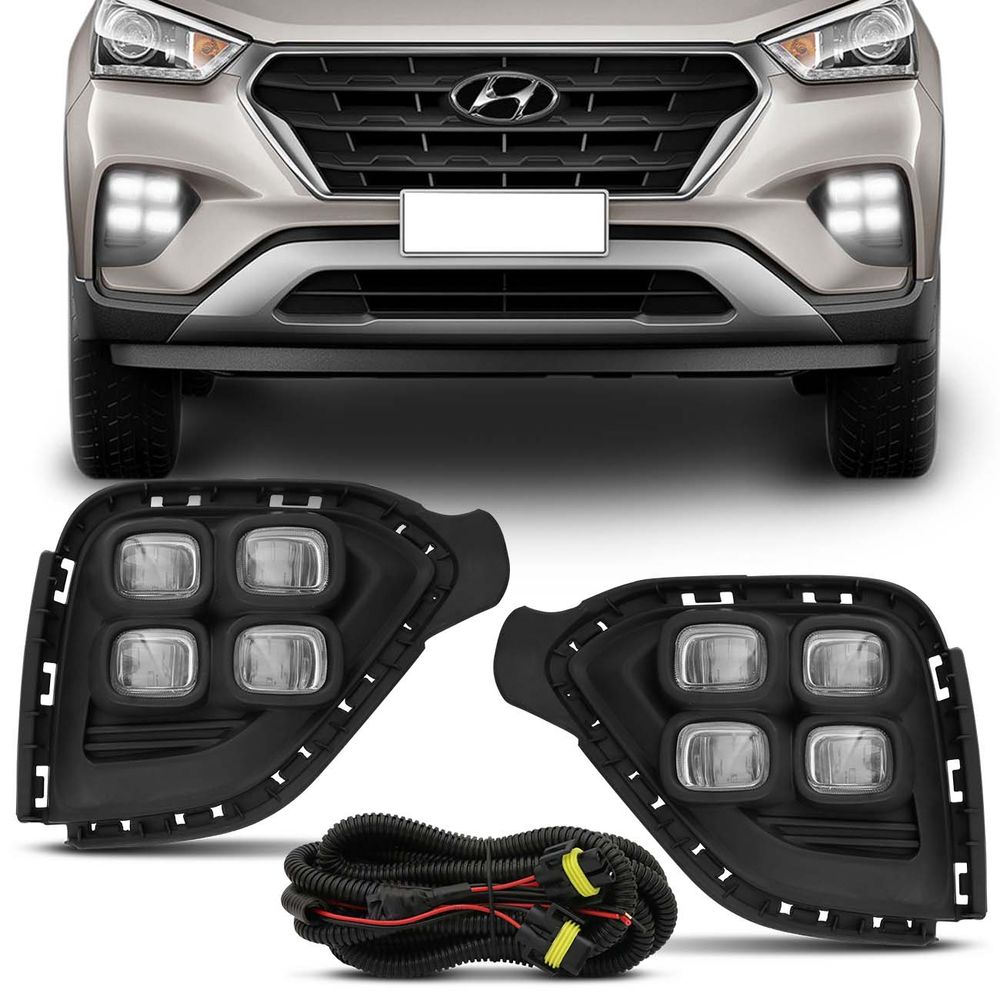 Kit Farol de Milha Hyundai Creta 2016 2017 2018 2019 LED DRL Auxiliar Neblina com Moldura Preta Menor preço em Kit Farol de Milha Hyundai Creta 2016 2017 2018 2019 LED DRL Auxiliar Neblina com Moldura Preta