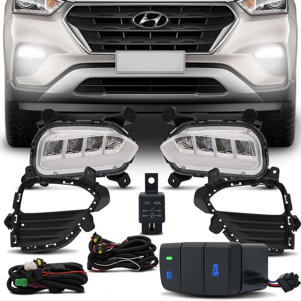 Kit Farol de Milha Creta 2016 2017 2018 2019 LED DRL e Seta + Moldura Preta e Botão Similar Original Menor preço em Kit Farol de Milha Creta 2016 2017 2018 2019 LED DRL e Seta + Moldura Preta e Botão Similar Original